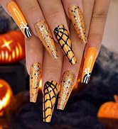 Morily 24Pcs Halloween Press on Nails Orange Long Coffin Stick on Nails Glossy Fake nails with Pu...