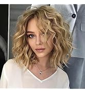 RENERSHOW Layered Short Ombre Blonde Wavy Bob Wigs for Women Mid-length Blonde Curly Wig Syntheti...