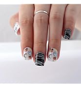 Mivota Halloween Nails Short Square, White & Orange Fake Nails with Pumpkin & Spider Web & Bat De...