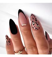 Black French Tip Press On Nails - Nude Fake Nails Medium Almond False Nails with Gold Line Design...
