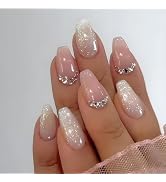 IMSOHOT Glitter Press on Nails Medium Coffin Fake Nails Pink White Gradient Glossy Glue on Nails ...