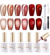 Gellen Glitter Cat Eye Gel Nail Polish Set 6 Colors Red Burgundy Gel Nail Polish with Magnet UV L...