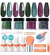 Modelones Dip Powder Nail Kit, 4 Colors Black Green Blue Purple Glitter Dipping Starter Set with ...