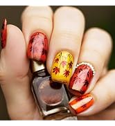 Red Maple Leaf Press on Nails 24Pcs Fall Leaves Stick on Fingernails Glossy Gold Glitter Acrylic ...