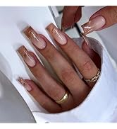 MISUD Press on Nails - Long Square Glue on Nails with Fall Brown, Acrylic Autumn Ombre Design 24 pcs