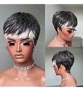 SisBroSis Short Pixie Cut Human Hair Wig Salt and Pepper Black with 60# Mix Gray Color for Women'...