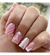 Pink Press on Nails Short Square Fake Nails with Designs Xmas Tree Stick on Nail Christmas Acryli...
