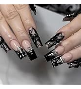 BABALAL Black Nails Press on French Tip Fake Nails Long Square Gothic Glue on Nails with Cross Bo...