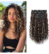 FLUFYMOOZ 4PC Clip in Hair Extensions, 14 Inch 100％ Pure Protein Silk Short Hairpiece Deep Curly ...