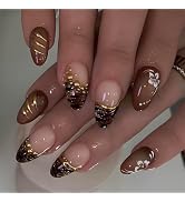 IMSOHOT Brown Press on Nails Medium Almond Fake Nails French Acrylic Nail Kit 3D Gold Chrome Glos...