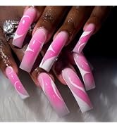 IMSOHOT Press on Nails Curved Extra Long Fake Nails White Pink Ombre False Nails Glossy Full Cove...
