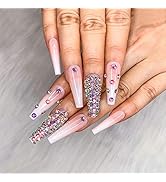 Artquee 24pcs French Nude White Ballerina Diamond Long Glossy Coffin Flash Fake Nails Press on Na...