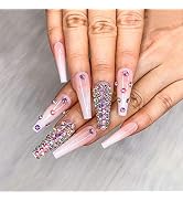 Artquee 24pcs French Nude White Ballerina Diamond Long Glossy Coffin Flash Fake Nails Press on Na...