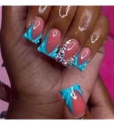 24 Pcs Press on Nails Short Square,YIHONGYUAN Fake Nails Press ons Blue French Nail Tip Acrylic K...