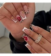 IMSOHOT Press on Nails Long Square Fake Nails - Leopard Print French Tips, Red Flower, Glossy Acr...