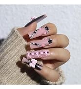 BABALAL Press on Nails Long Square Fake Nails Black Pink Glue on Heart & Bow Charm Luxury Bling A...