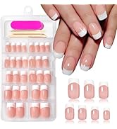 White French Tip Press on Nails Short Square Fake Nails Full Cover Glossy False Nail with Designs...