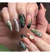 MISUD Press on Nails - Medium Almond Fake Nails with Green Butterfly, Acrylic Gold Chrome Design ...