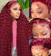 99j Burgundy Lace Front Wigs Human Hair 200 Density Deep Wave Lace Front Wigs Human Hair ...