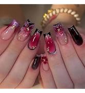 MISUD Press on Nails - Long Square Fake Nails with Wine Red Flower, Acrylic Fall Autumn Design 24...