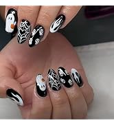 IMSOHOT Press on Nails Medium Almond Fake Nails with Cute Ghost Design Black White False Nails Fu...