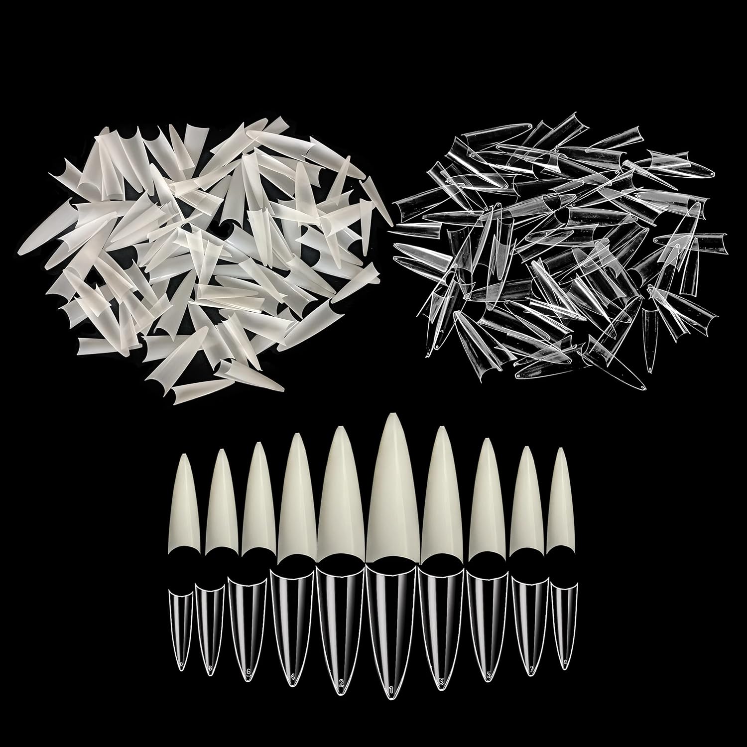 2Pack Natutal/Clear 2 Color Long Stiletto 1000 Gel Nail Tips(Clear 500tips/ Natural 500tips) 10Sizes,Long Ballerina Nails, Acrylic Nail Tips For Nail Salon 28500 (Long Stiletto)