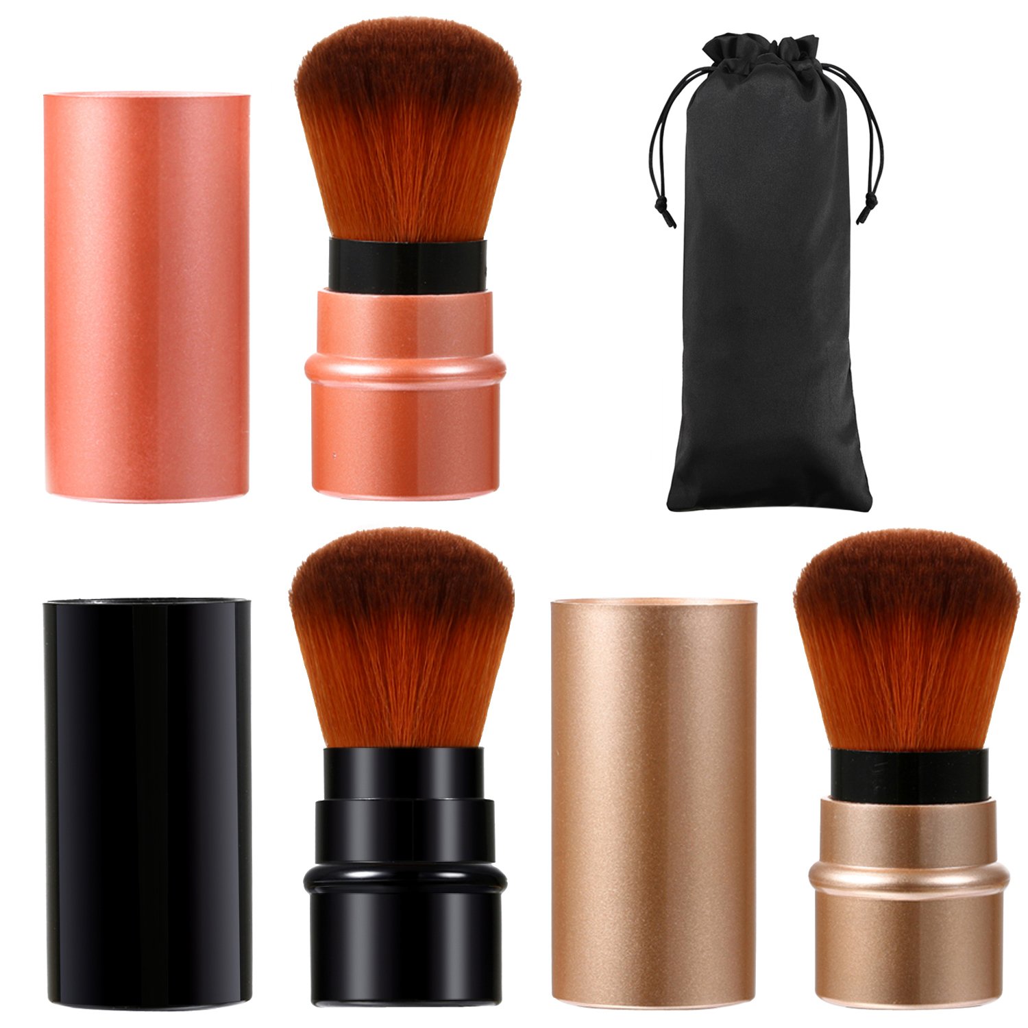 3 Colors Retractable Makeup Brush Travel Blush Brushes Kabuki Foundation Brush Portable Face Powder Brush Mini Makeup Brush Set with Cover, Red/Black/Brown