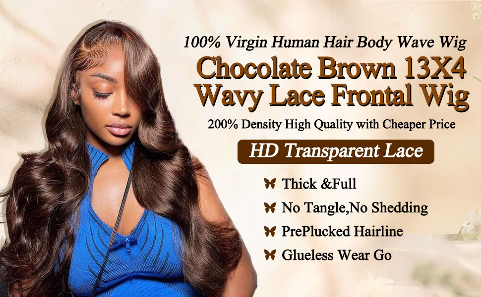 32 Inch 200% Density 13X4 Chocolate Brown Body Wave Lace Frontal Wig Brazilian Wavy Human Hair Wigs