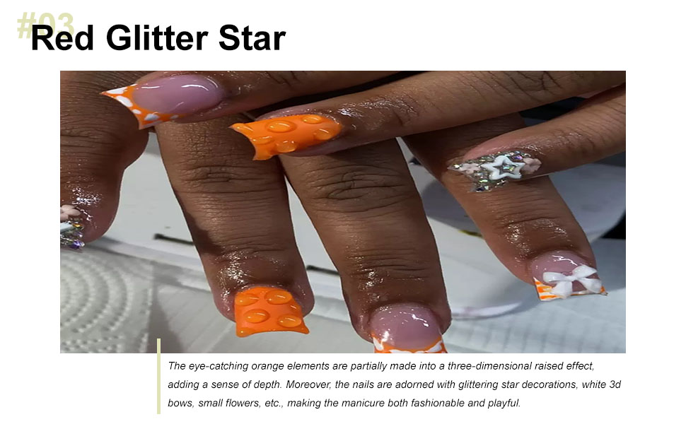 Orange French Tips Press on Nails Medium Duck False Nails with White Bow Charm Design
