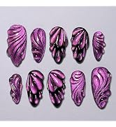 24Pcs Purple Press on Nails Medium Almond Fake Nails with 3D Butterfly Wings Water Drop Designs S...