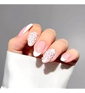 24 Pcs White French Tip Press on Nails Medium Fake Nails,Almond Glue on Nails with Rhinestones & ...