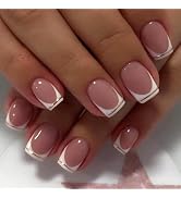MERVF Press on Nails Short Square White French Tip Fake Nails Glue ons Gold Lines Design Acrylic ...