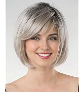 RENERSHOW Grey Bob Short Wigs for White Women Ombre Gray Bob Wig with Bangs Straight Bob Haircuts...