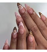 BABALAL Press on Nails Almond Medium Fake Nails Brown Cheetah Fall Glue on Pink Flower 3D Texture...