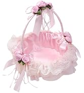 Pink Wedding Flower Girl Basket, Lace Ribbon Romantic Lace Flower Girl Basket with Bowknot, Artif...