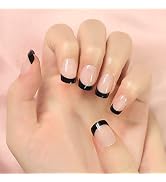 Elevenail Natural Glossy Nude Pink Black French Fake Nails Short Squoval Press on Nails Salon Fau...