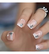 iBeautying Press on Nails - Shiny Short Flower Glitter Deco Ombre False Nails | UV Gel Finish Med...