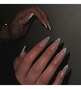 Long Stiletto Press on Nails SWEKKE French Tip Fake Nails Nude Pink Full Cover Sliver Glitter Nai...