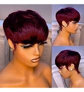 FREEKWEEN Short Bob Wig for Black Women Brazilian Virgin Human Hair Pixie Cut Wig Burgundy Red Co...