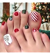Christmas Tree Press on Toes Nails Short Square Red White Stripe Fake Toe Nails with Snowflake De...
