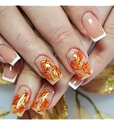 24Pcs Maple Leaf Press on Nails Thanksgiving Medium Square False Nails Fall Leaves Stick on Finge...