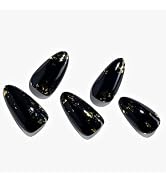 GLAMERMAID Press on Nails - Black Gothic Short Pointed Almond Nails Acrylic Fake Nails with Desig...