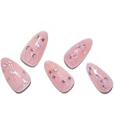 GLAMERMAID Nude Pink Press on Nails Medium Almond, Handmade Jelly Gel Fake Nail with 3D Sliver Gl...