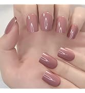 ELEVENAIL Medium Squoval Glossy Press on Nails Pure Milk Tea Red Pink False Nails Salon Manicure ...