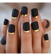 iMABC Matte Black Full Cover Short Round Press On Nails Gold Metallic Line Designed Plastic Frost...