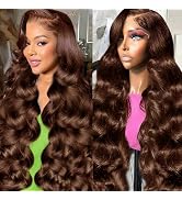 QNQZ Chocolate Brown 13x6 HD Lace Front Wigs Human Hair 30inch Brown Body Wave Wig Pre Plucked wi...