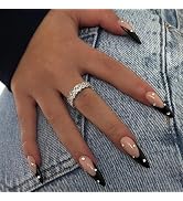 MERVF Press on Nails Long Stiletto Black French Tip Fake Nails Goth Glue ons Acrylic Nail Rhinest...