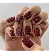 Short Press on Nails Square Fall Burgundy Fake Nails with Golden Glitter Designs Acrylic Nails Pr...