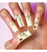24 Pcs Long Spuare Press on Nails - SHANRUN Pink Fake Nails Press ons Nail Art French Tip Glue on...