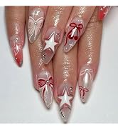 4th of July Press on Nails Medium Almond Nails Press ons Pearl Fake Nails with Bow Stars Designs ...
